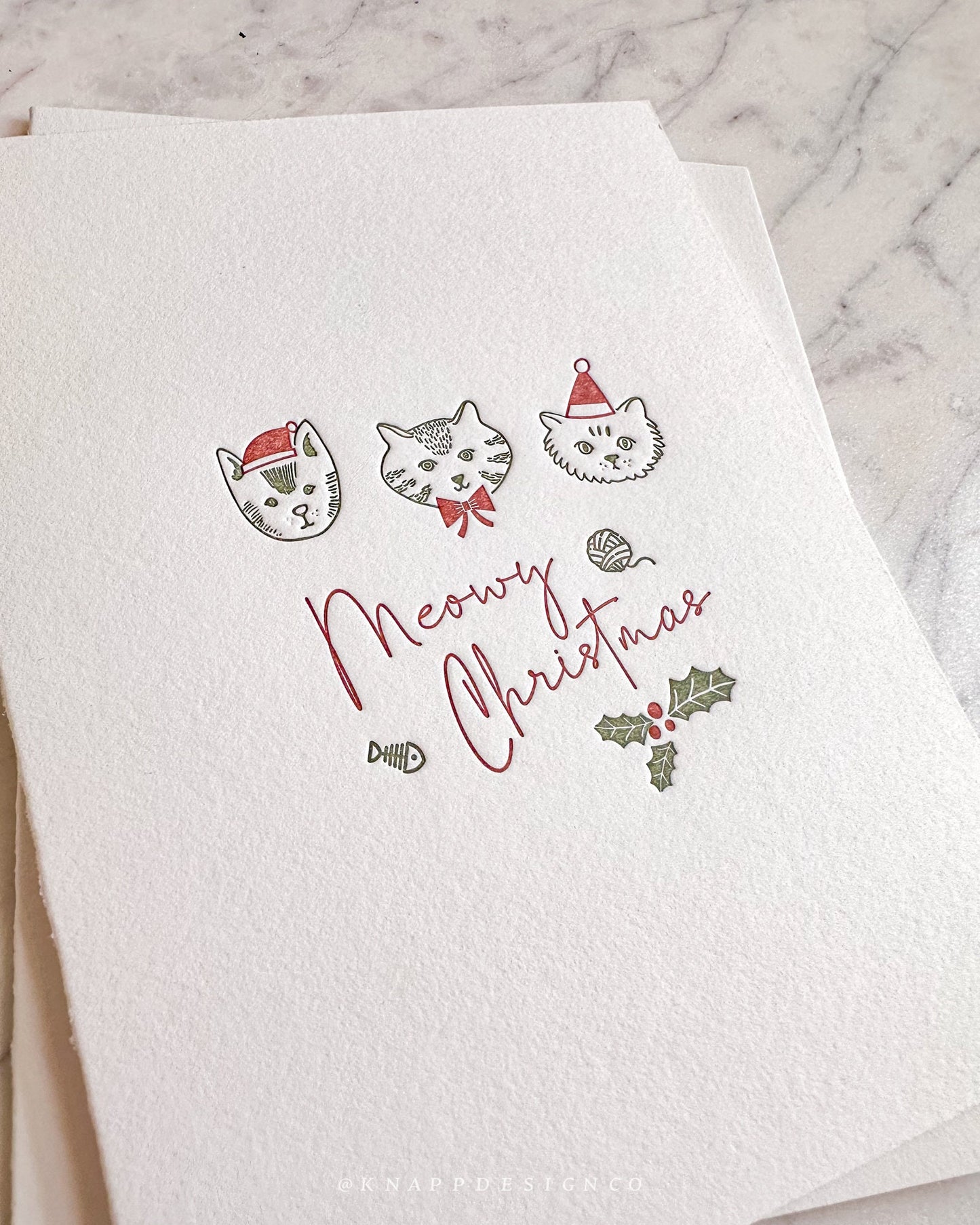 Meowy Christmas Card: Punny Cat Holiday, Letterpress Printed