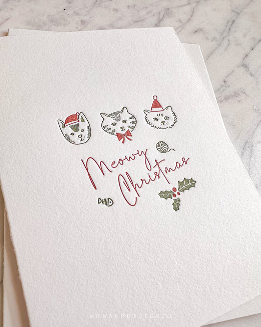 Meowy Christmas Card: Punny Cat Holiday, Letterpress Printed