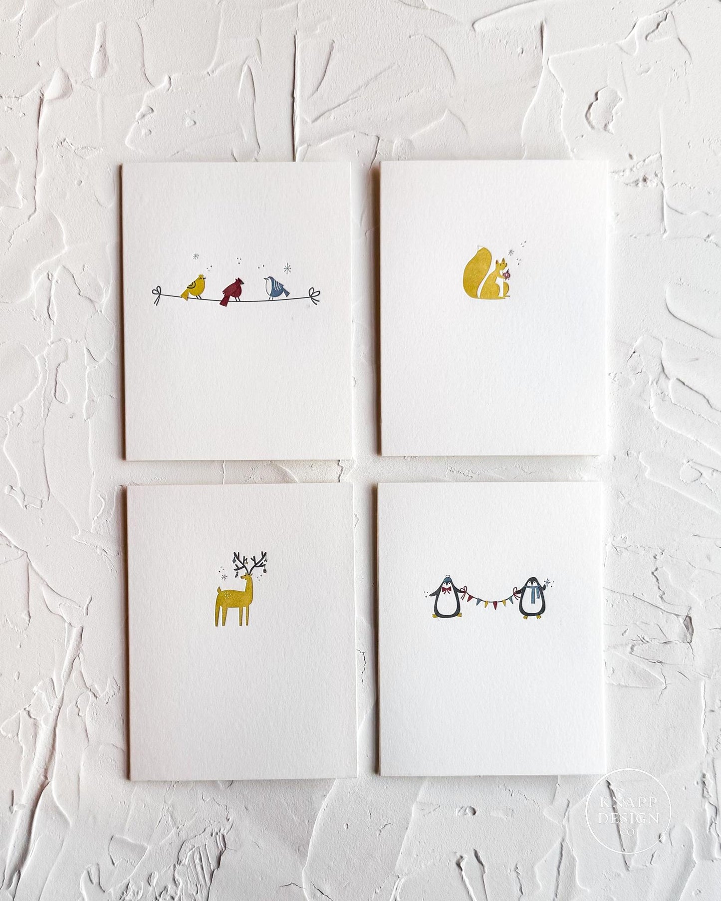 Festive Winter Animals - Minimalist Letterpress Holiday card SET • 4-color letterpress cards
