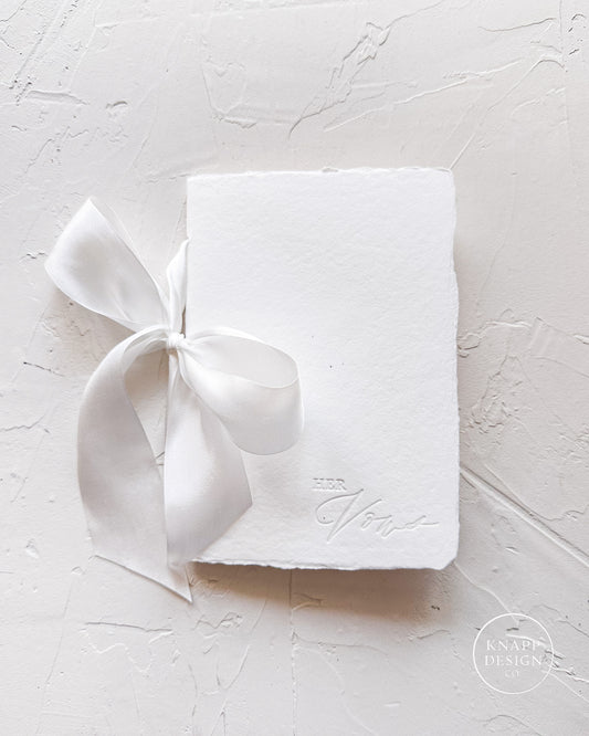 HER Wedding Vow Book • Letterpress on White Handmade paper with Custom Silk Ribbon Color