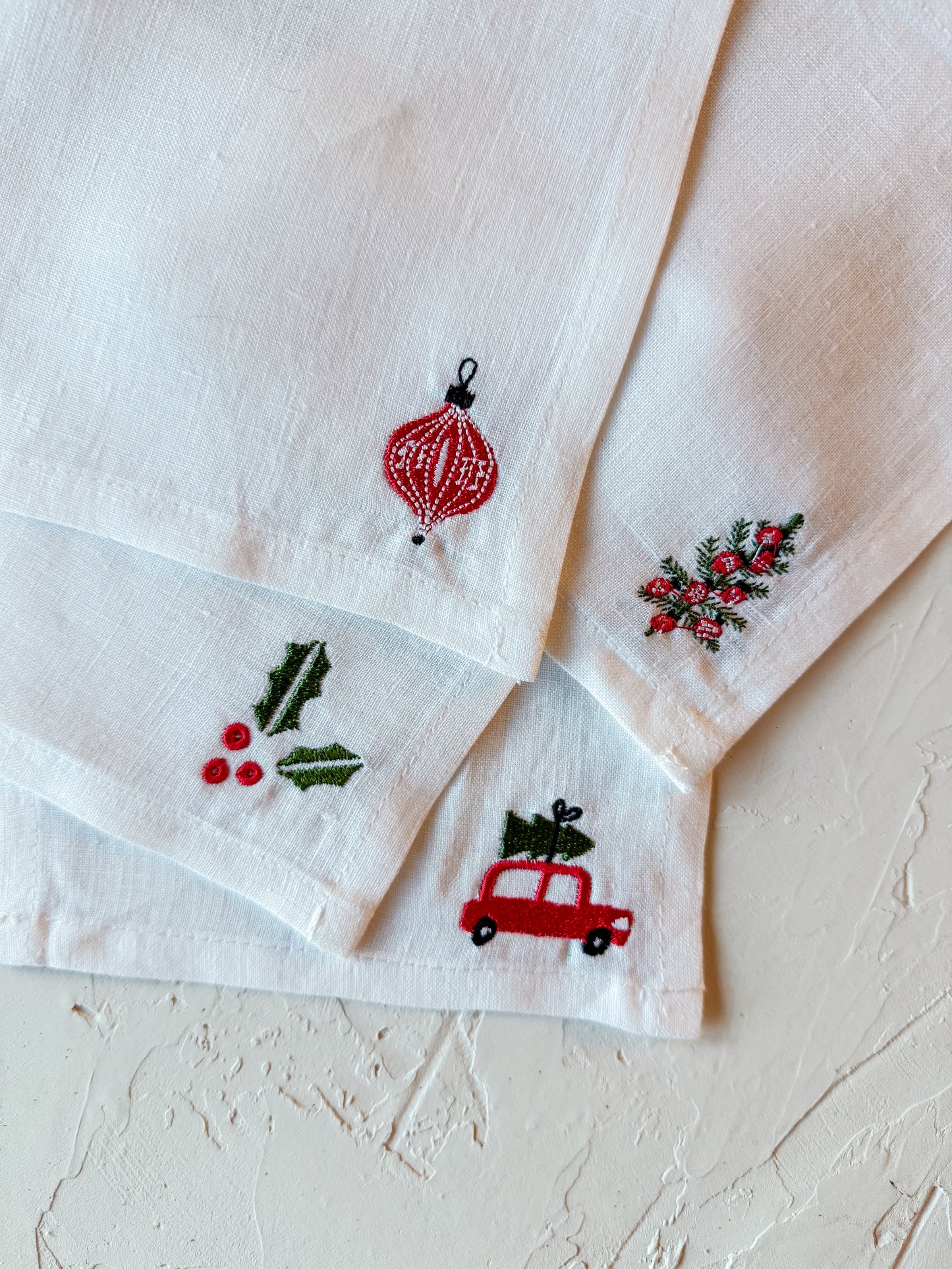 Embroidered Holiday Linen Cocktail Napkins