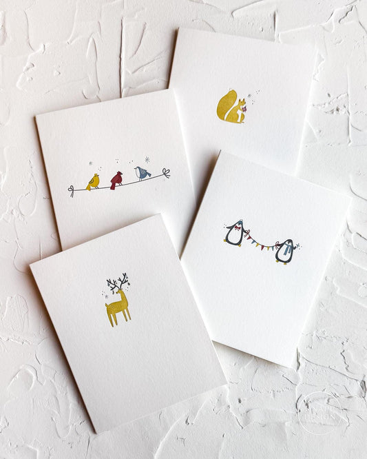 Festive Winter Animals - Minimalist Letterpress Holiday card SET • 4-color letterpress cards