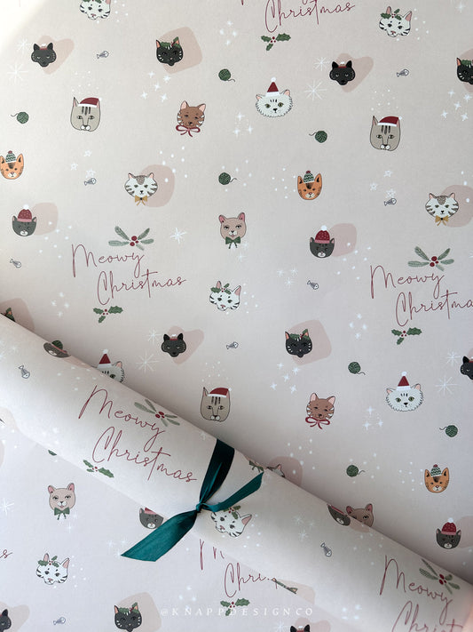 Meowy Christmas cat themed wrapping paper sheets - Set of 2
