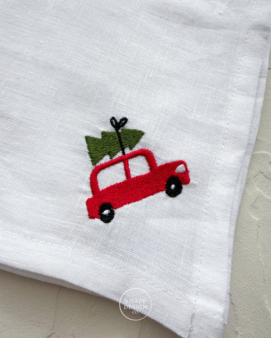 Embroidered Cocktail Napkin • Car with Tree