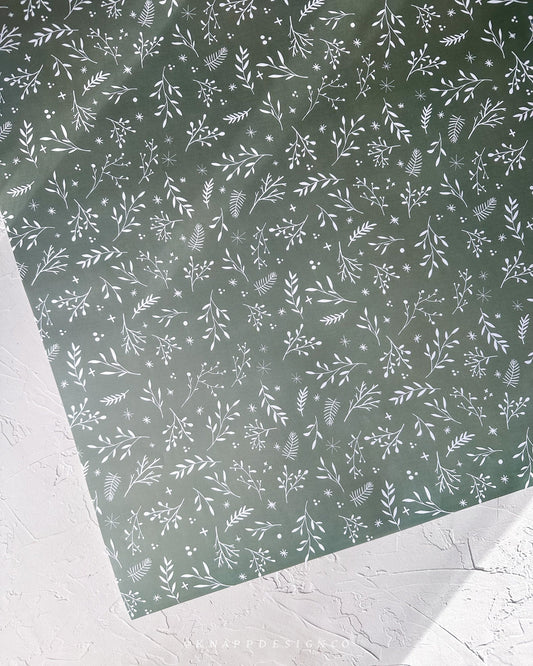 Sage Green Winter Foliage Wrapping Paper (Set of 2 Sheets)