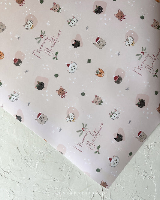 Meowy Christmas cat themed wrapping paper sheets - Set of 2