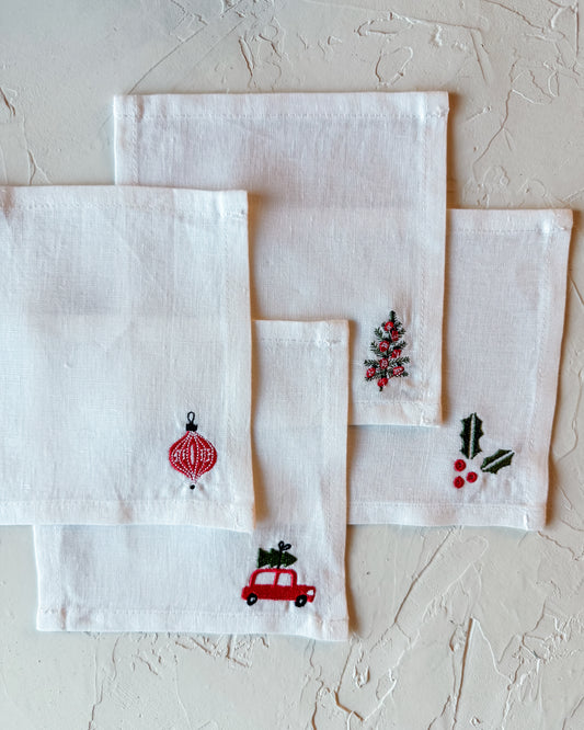 Embroidered Holiday Linen Cocktail Napkins
