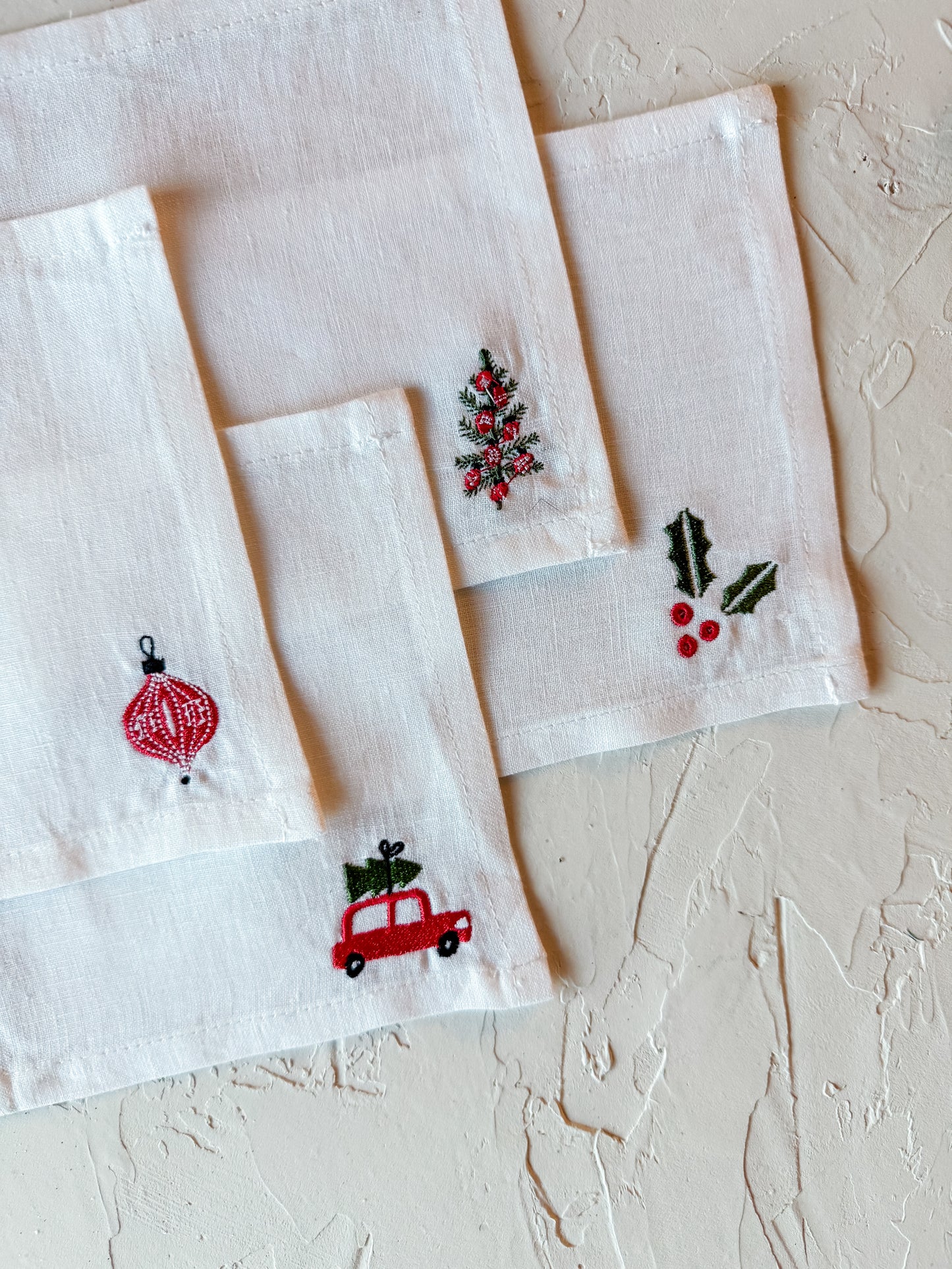 Embroidered Holiday Linen Cocktail Napkins
