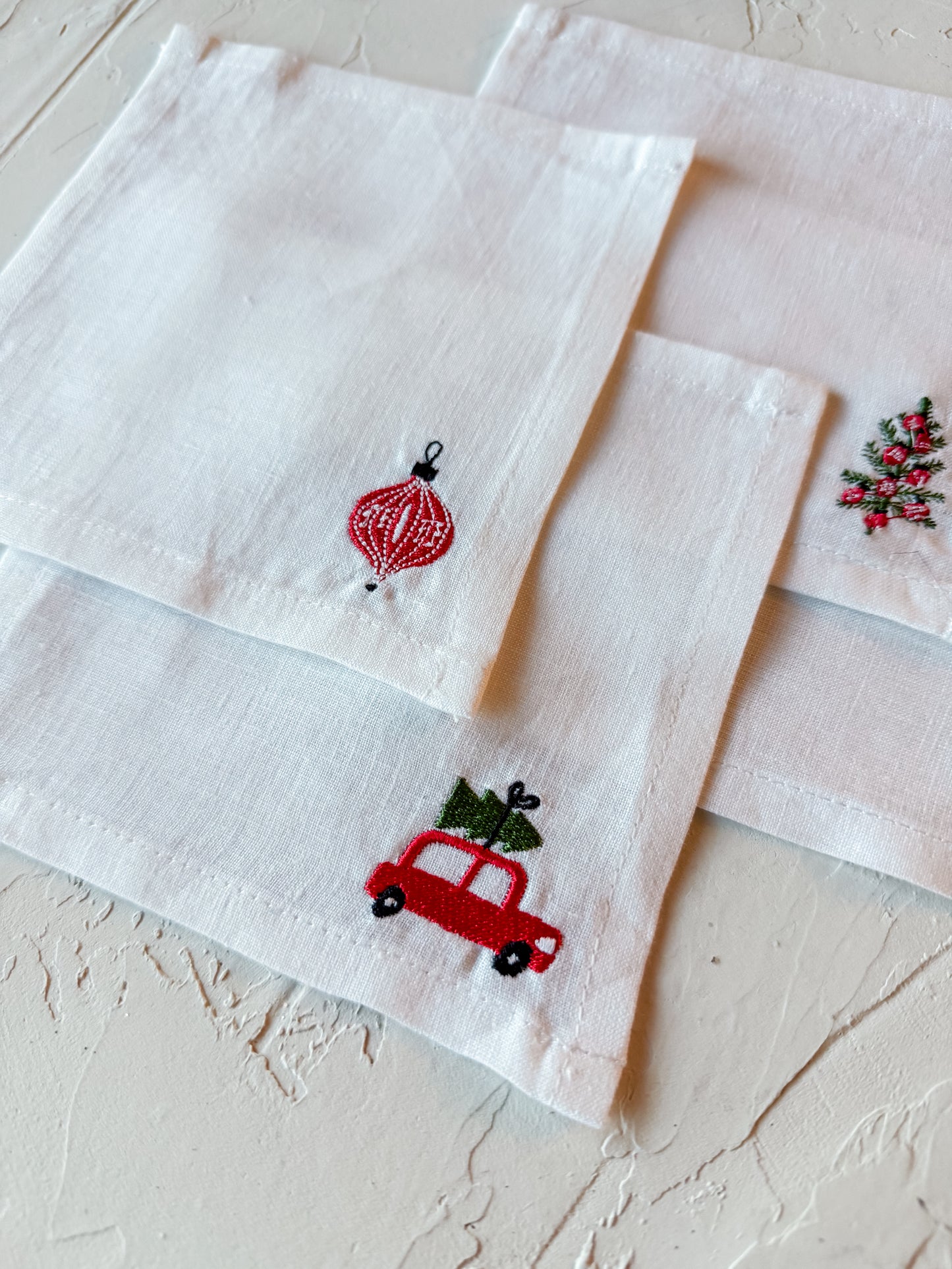 Embroidered Holiday Linen Cocktail Napkins