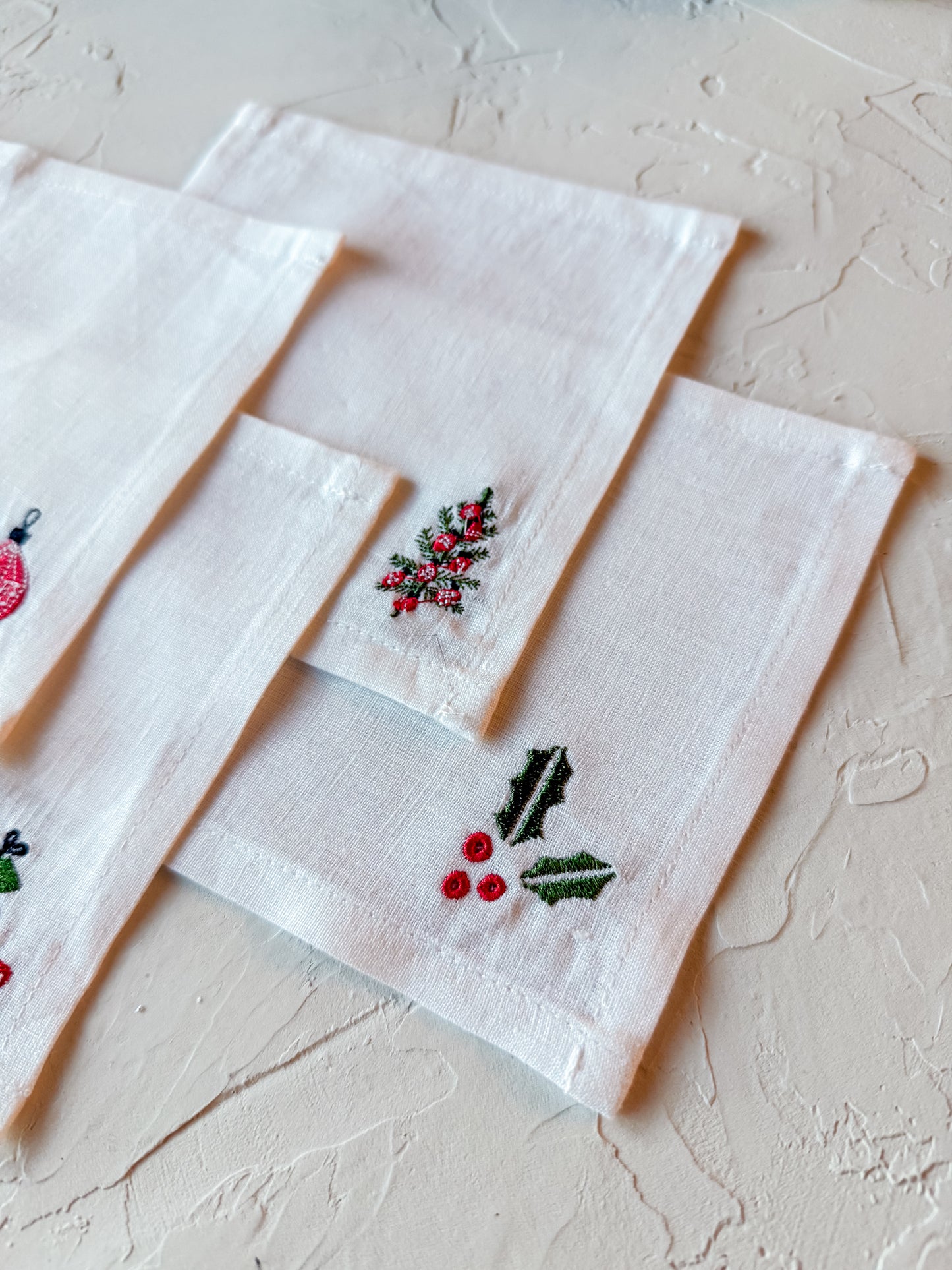 Embroidered Holiday Linen Cocktail Napkins