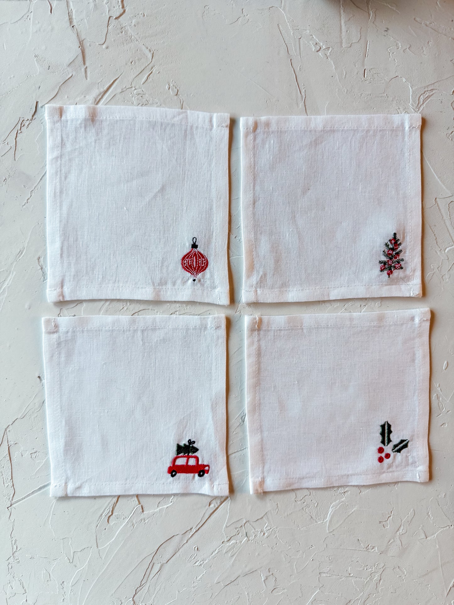 Embroidered Holiday Linen Cocktail Napkins