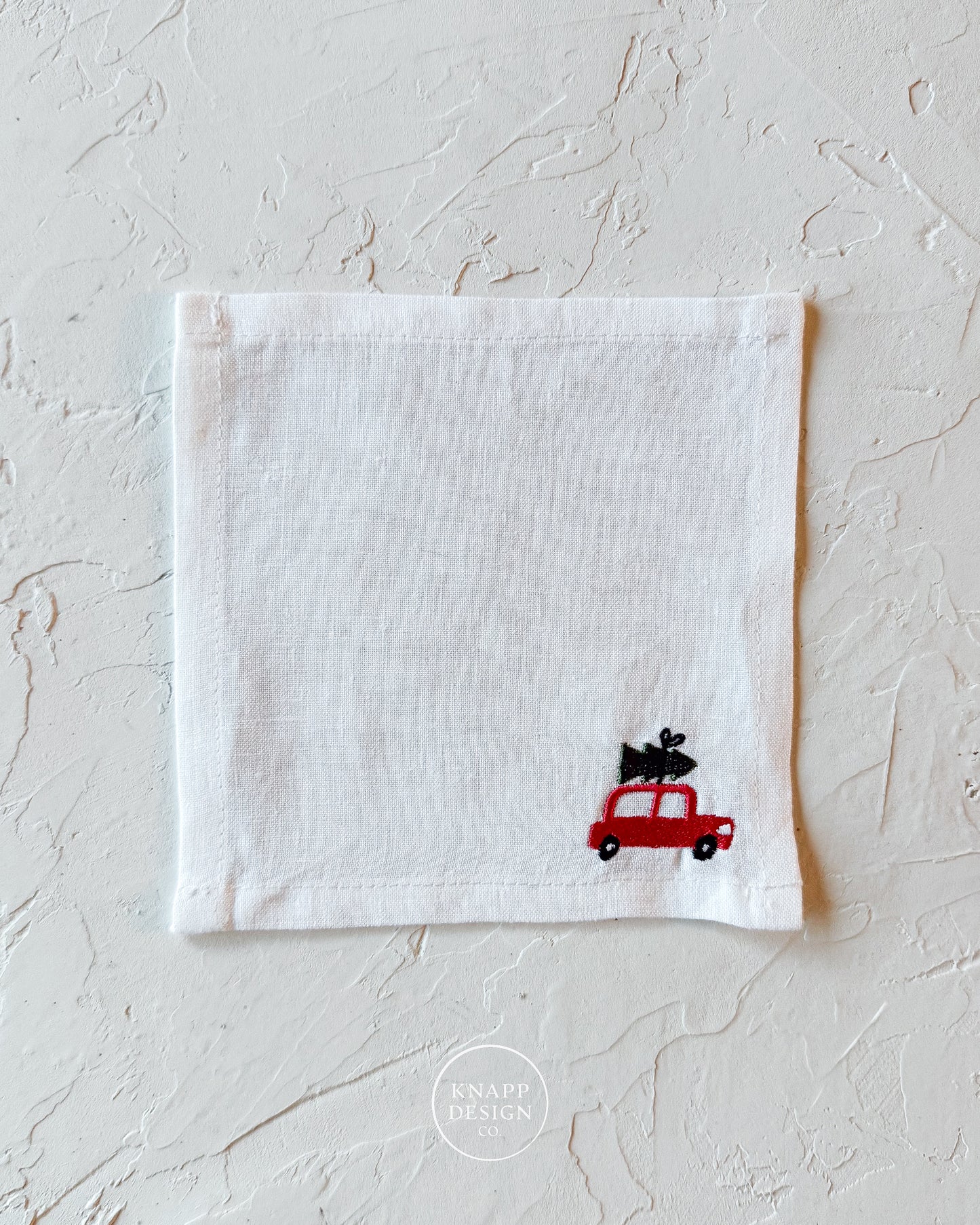 Embroidered Cocktail Napkin • Car with Tree