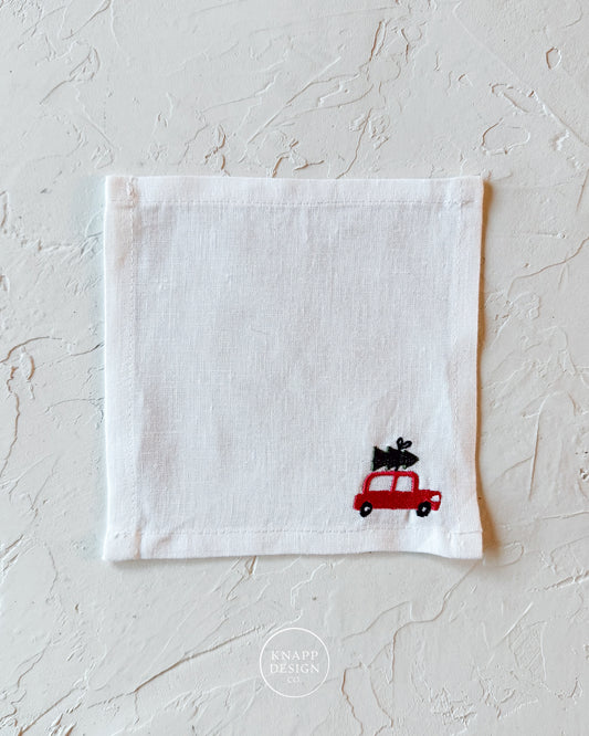 Embroidered Cocktail Napkin • Car with Tree