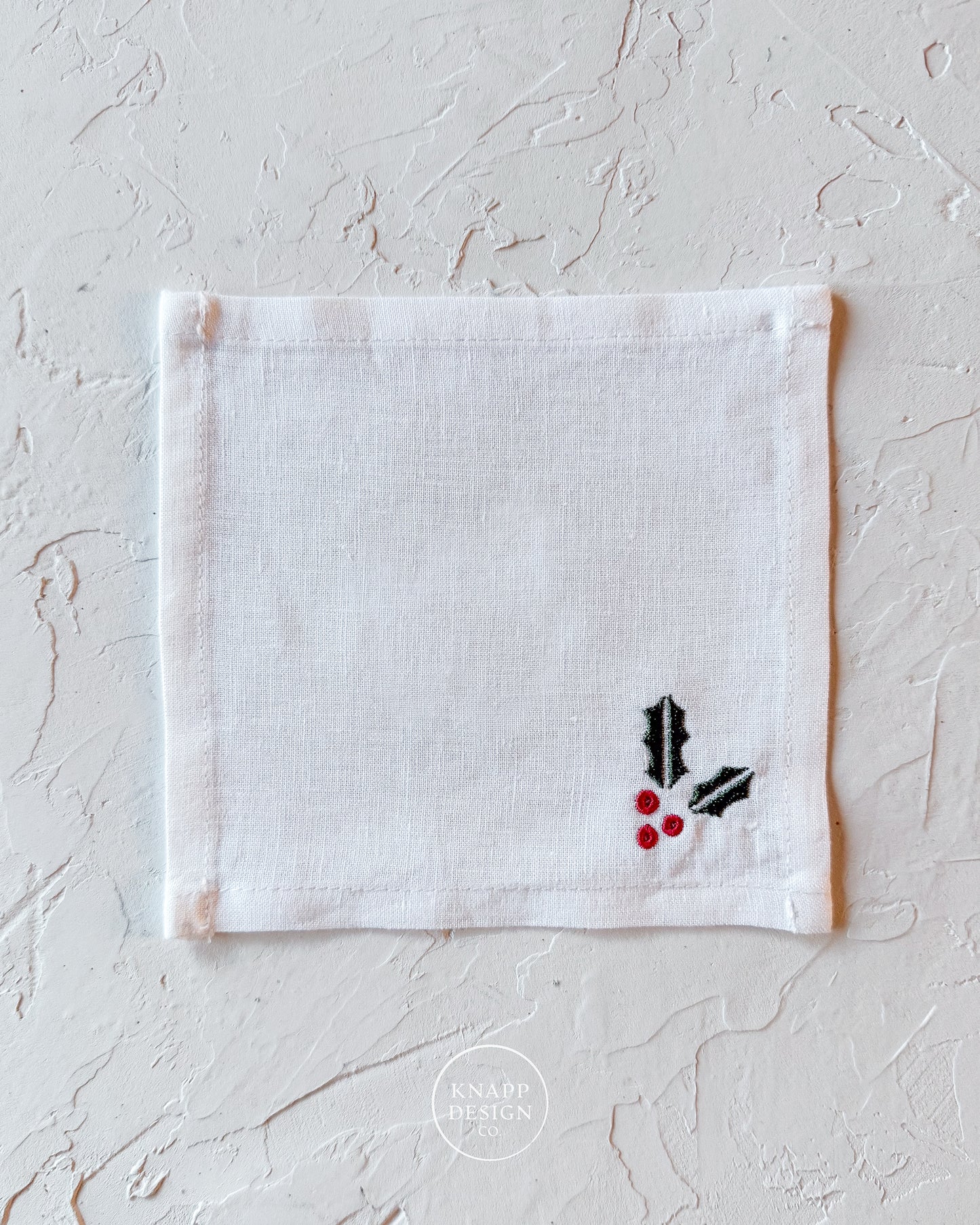Embroidered Cocktail Napkin • Holly Leaf