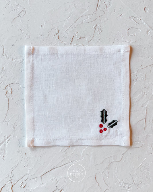 Embroidered Cocktail Napkin • Holly Leaf