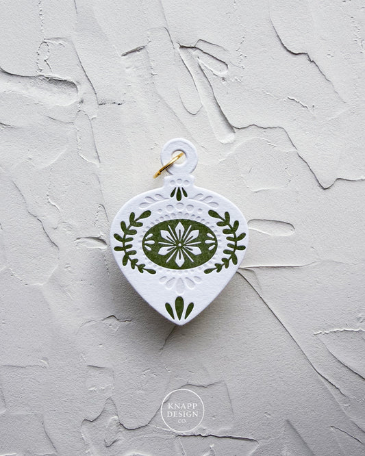 Letterpress Ornament • Guitar Pick • White/Green
