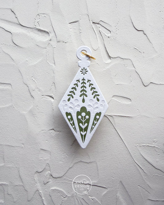 Letterpress Ornament • Diamond • White/Green