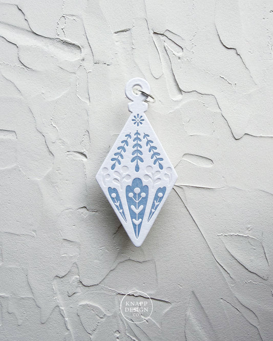 Letterpress Ornament • Diamond • White/Blue