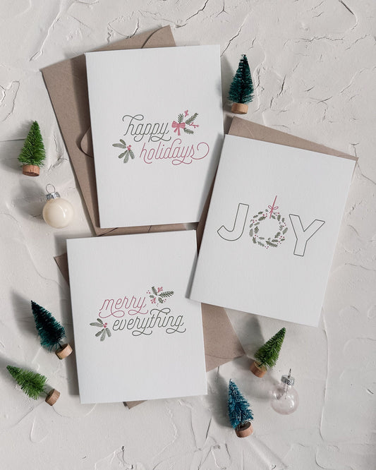 Letterpress Holiday Card Pack • Happy Holidays, Merry Everything, and JOY